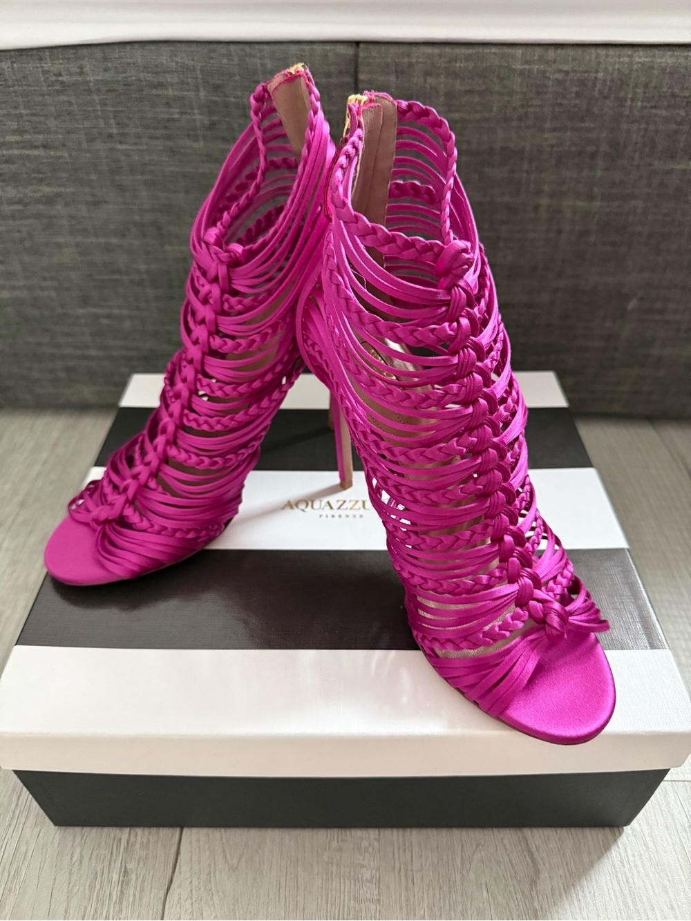 Aquazzura Fuchsia Braided Cage Stiletto Sandals